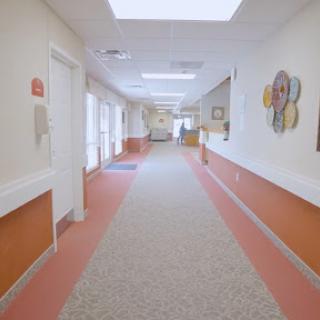 A well-lit corridor featuring colorful walls and a carpeted floor.
