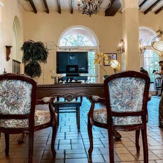 A classic living room with elegant furniture, featuring a dining table and armchairs, a television, and arched windows with natural light.