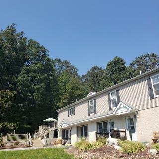 A residential house surrounded by trees under a clear blue sky.