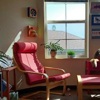 A cozy living room corner with a red armchair, soft sunlight streaming through the window, and a touch of greenery.