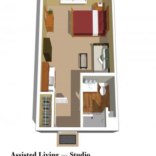 3D floor plan of an assisted living studio apartment.