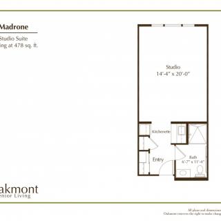 A floor plan for a studio apartment, highlighting its layout and dimensions.