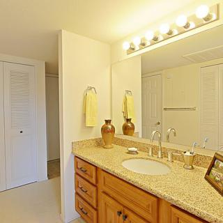 A well-lit bathroom with a wooden vanity, granite countertop, and decorative elements.