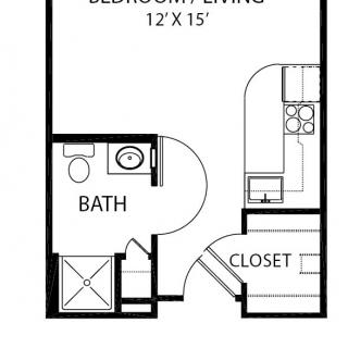 Studio apartment floor plan with combined bedroom and living area, kitchen, bathroom, and closet.