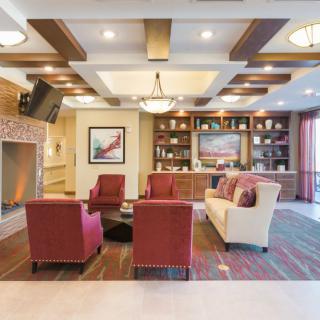 A modern living room with elegant furniture and a cozy fireplace.