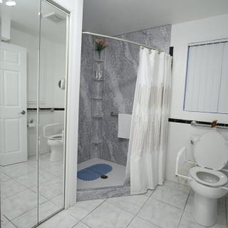 A modern bathroom featuring a shower with a curtain, a toilet, and mirrored closet doors.