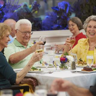 A group of elderly friends enjoying a celebratory dinner together, raising their glasses in a toast.