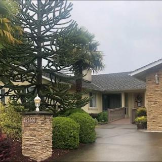 A beautifully landscaped house entrance with a distinctive tree.