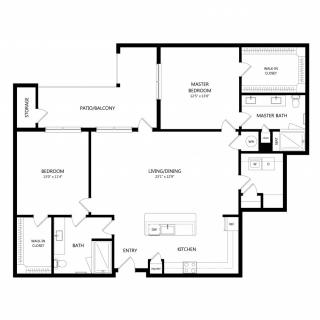 A floor plan of a two-bedroom apartment with kitchen and living room.