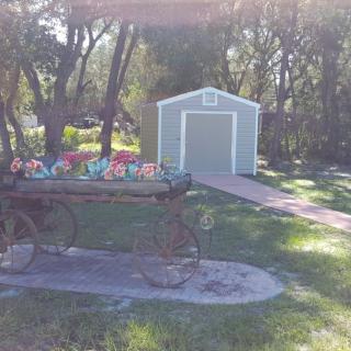 A rustic wagon decorated with flowers stands in a garden, with a shed in the background surrounded by trees.