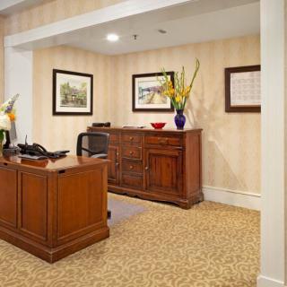 A well-furnished office reception area with a wooden desk and decorative elements.