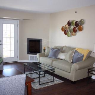 A modern living room featuring a comfortable sofa adorned with cushions, a glass coffee table, and decorative wall art.