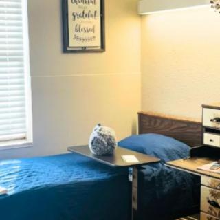 A tidy bedroom with a single bed, blue bedding, and decorative wall art.