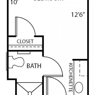 A simple floor plan of a studio apartment, featuring a bedroom, kitchenette, and bath.