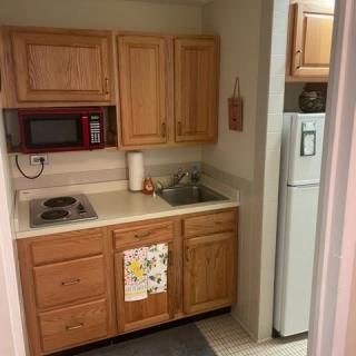 A compact kitchen with wooden cabinets, a microwave, stovetop, and sink.