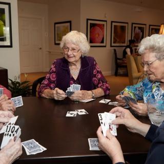 A group of elderly people enjoying a game of cards together.