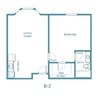 A floor plan of a one-bedroom apartment, labeled B-2, featuring a living/dining area, kitchen, bedroom, bathroom, and walk-in closet.