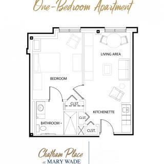 One-bedroom apartment floor plan with living area, kitchenette, and bathroom.