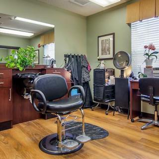 A cozy and well-organized barbershop interior with styling chairs and mirrors.
