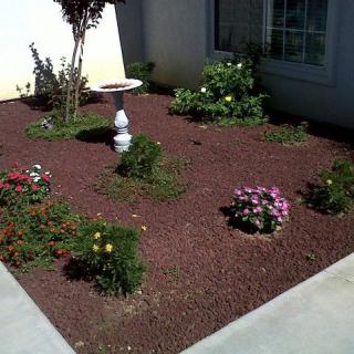 A neatly landscaped garden with a variety of flowers and a bird bath centerpiece.