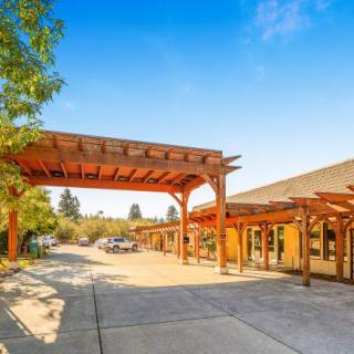 A wooden pergola entrance of a building under a clear blue sky, surrounded by trees.