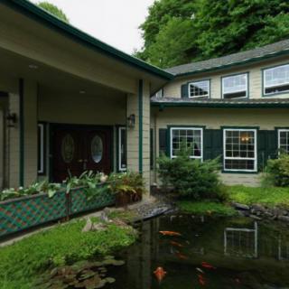 A beautiful house exterior with a pond and lush greenery.