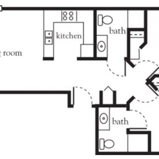 A floor plan showing a two-bedroom apartment layout with two bathrooms, a kitchen, and a living room.