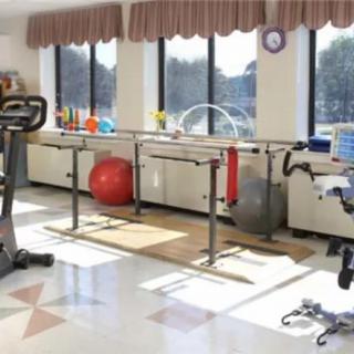 A rehabilitation room featuring exercise equipment, including parallel bars and a gym ball, with sunlight streaming through large windows.