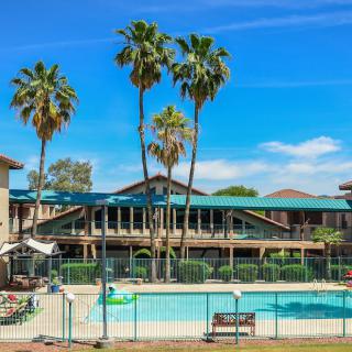 A sunny resort with a pool surrounded by palm trees.