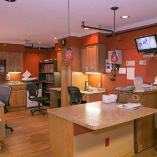 A modern office space with multiple desks and chairs, featuring computer monitors and organized workstations.