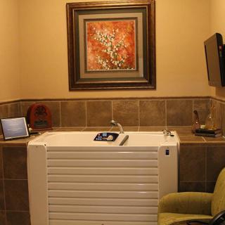 A cozy bathroom with a walk-in tub, adorned with a wall painting and complementary decor.