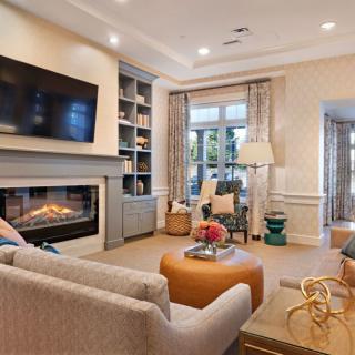 Cozy living room with a modern fireplace and comfortable seating.