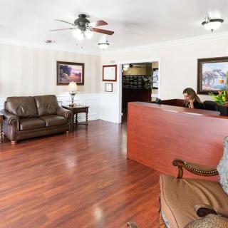 A cozy office reception area with a wooden front desk, comfortable seating, and warm hardwood flooring.