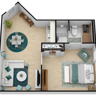 A 3D floor plan of a one-bedroom apartment featuring a living room, dining area, kitchen, bathroom, and bedroom.