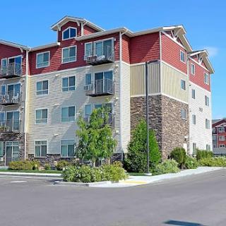 A modern four-story apartment building with landscaped surroundings.