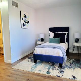 Modern bedroom with a single bed, artwork, and stylish decor.