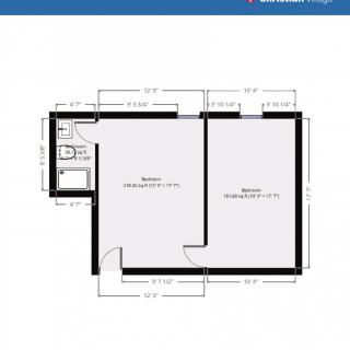 A simple floor plan showing the layout and dimensions of two rooms, along with a bathroom area.