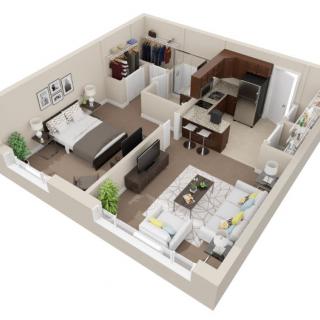 A modern one-bedroom apartment with an open living area and kitchen.
