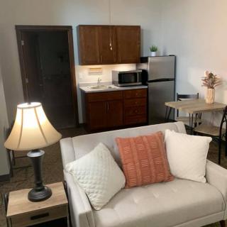 Cozy living space with a sofa, lamp, and kitchenette featuring modern appliances.