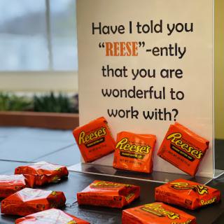 A playful office appreciation note featuring Reese's candy.