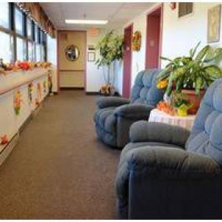 A cozy waiting area with comfortable chairs and decorative plants.