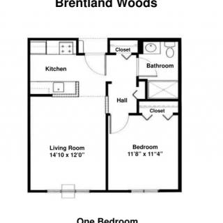 Floor plan of a one-bedroom apartment at Brentland Woods.