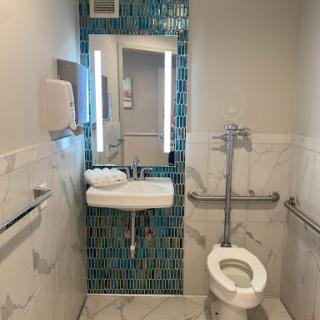 A modern, accessible bathroom featuring a toilet, sink, and mirror with decorative tiles.