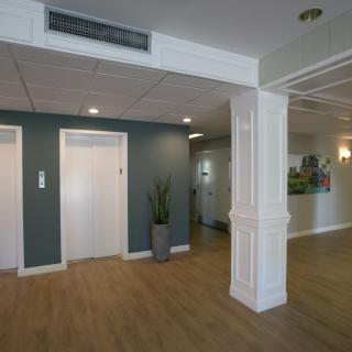 A modern lobby area with elevators and contemporary decor.