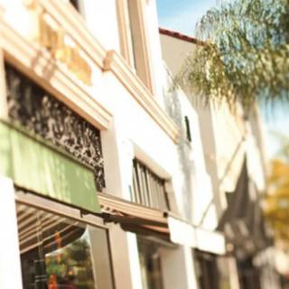 Blurred view of a storefront on a sunny street lined with palm trees.