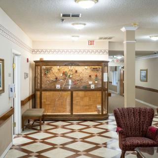 A cozy lobby area featuring a decorative display case, patterned flooring, and comfortable seating.