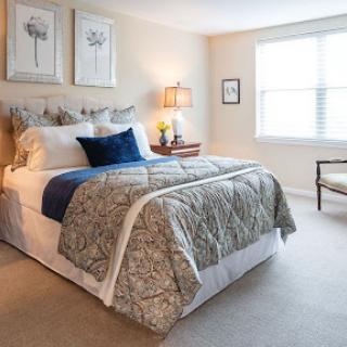 A cozy and elegantly decorated bedroom with a comfortable bed and soft lighting.