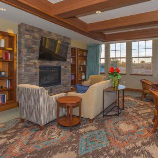 A cozy living room with a fireplace, television, and bookshelves.