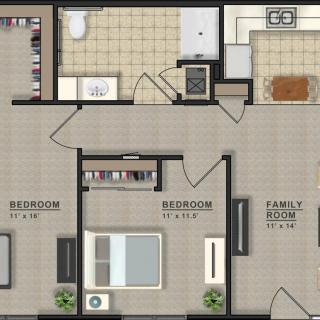 This image shows a detailed floor plan of an apartment with two bedrooms, a kitchen, a bathroom, and a family room.