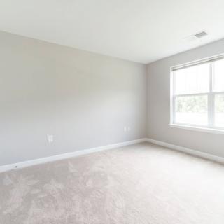 A bright, empty room with light gray walls and a carpeted floor.